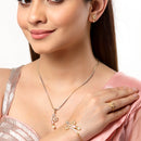 Gold Plated American Diamond, Pearl White Beads And Pink Crystal Necklace Set With Pendant, Earring And Ring