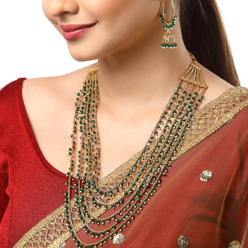 Five Layered Gold-Plated Green Pearl Beaded Jewellery Set