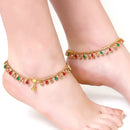 Gold Plated Red & Green Teardrop Cubic Zirconia Stone-Studded Anklets Set Of 2