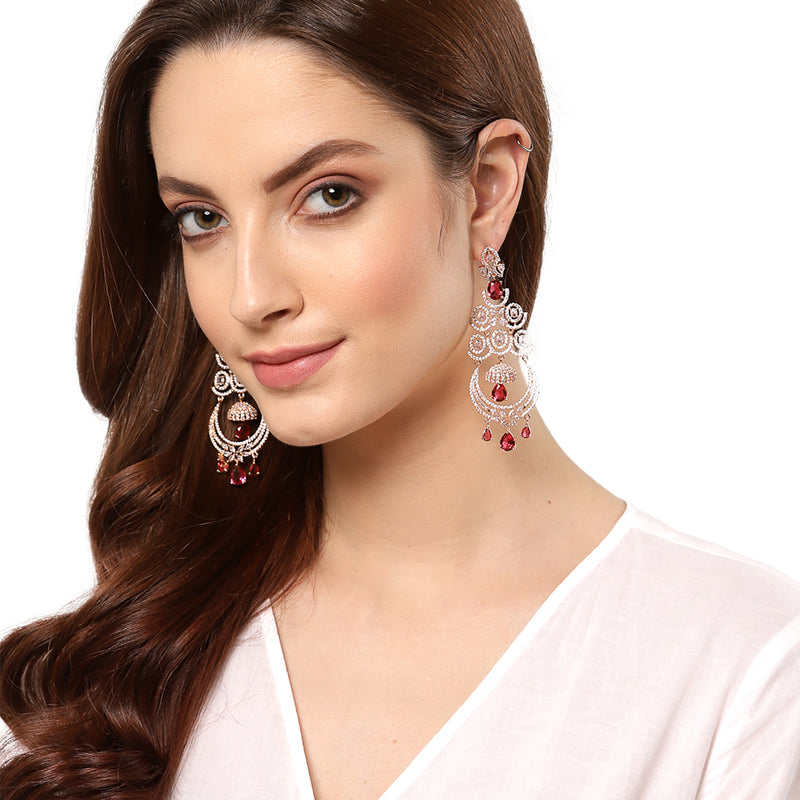 Red American Diamond with Rose Gold-Plated Contemporary Chandbalis Earrings