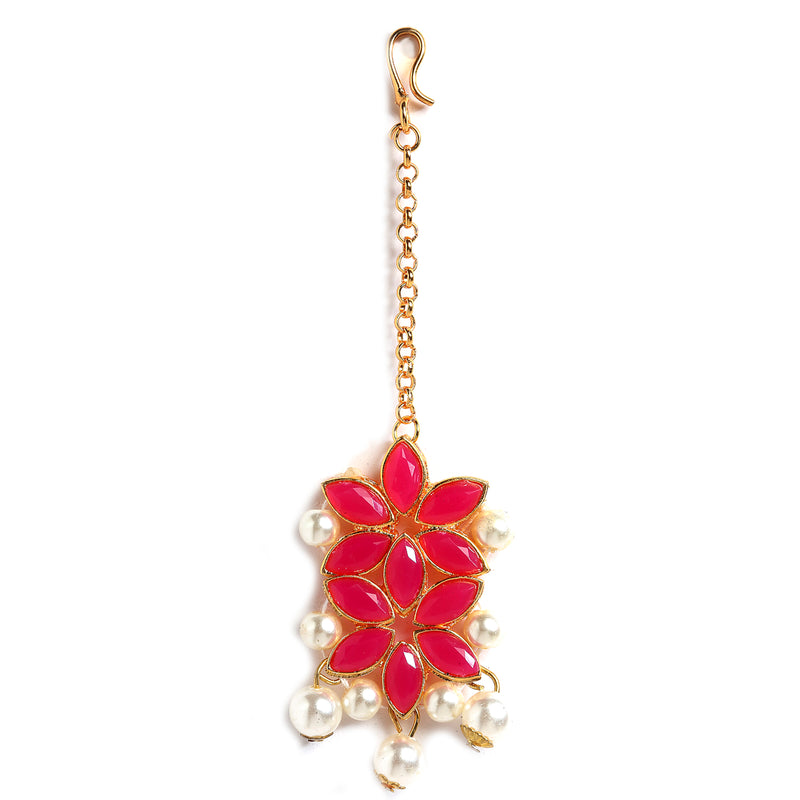 Red & White Kundan Studded Flower Shaped Gold-Plated Choker Necklace With Earrings & Maang Tika