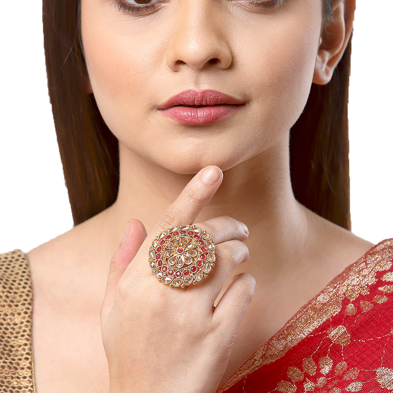 Gold-Plated Round & Teardrop Shaped White & Red Cubic Zirconia Studded Ring