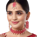 Red & White Kundan Studded Flower Shaped Gold-Plated Choker Necklace With Earrings & Maang Tika