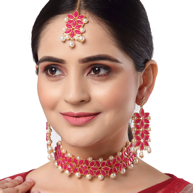 Red & White Kundan Studded Flower Shaped Gold-Plated Choker Necklace With Earrings & Maang Tika