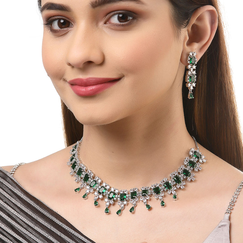Rhodium-Plated with Silver-Tone & Green American Diamond Stone Studded Jewellery Set