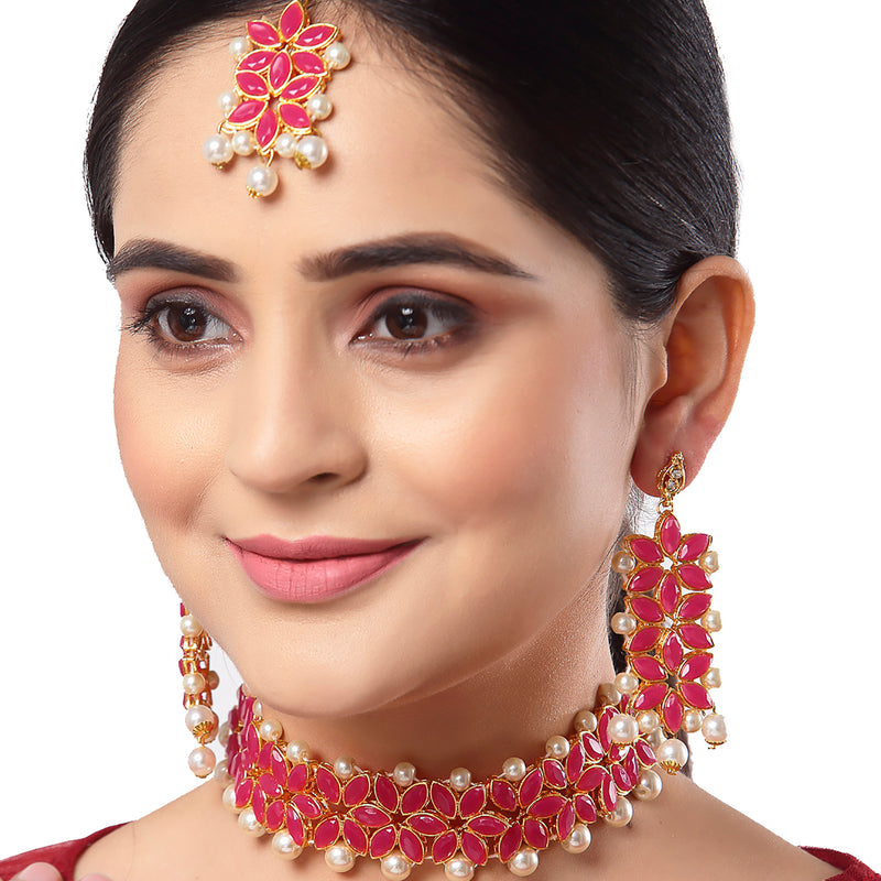 Red & White Kundan Studded Flower Shaped Gold-Plated Choker Necklace With Earrings & Maang Tika