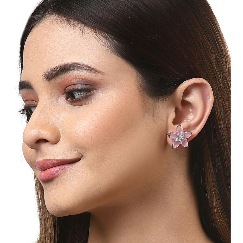 Rhodium-Plated with Silver-Toned Pink American Diamond Floral Studs Earrings