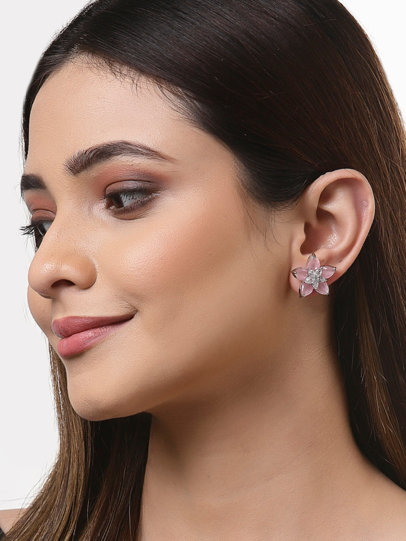 Rhodium-Plated with Silver-Toned Pink American Diamond Floral Studs Earrings