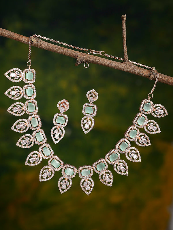 Rose Gold-Plated White & Green Crystal Studded Handcrafted Jewellery Set