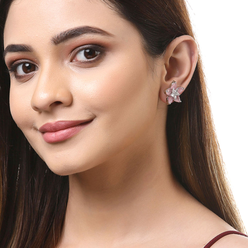 Rhodium-Plated with Silver-Toned Pink American Diamond Floral Studs Earrings