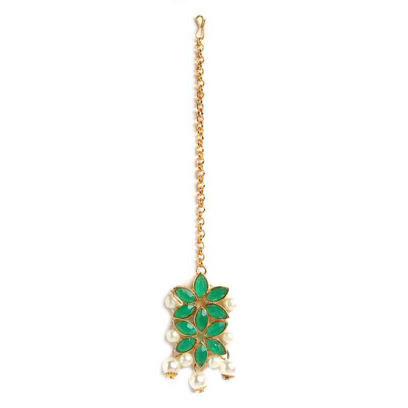 Green & White Kundan Studded Flower Shaped Gold-Plated Choker Necklace With Earrings & Maang Tika