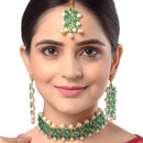 Green & White Kundan Studded Flower Shaped Gold-Plated Choker Necklace With Earrings & Maang Tika