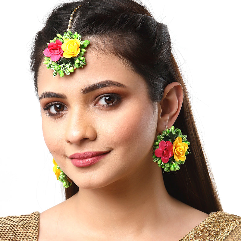 Gold-Plated Pearl Green Yellow & Pink Gota Patti Flower Maang Tikka Set