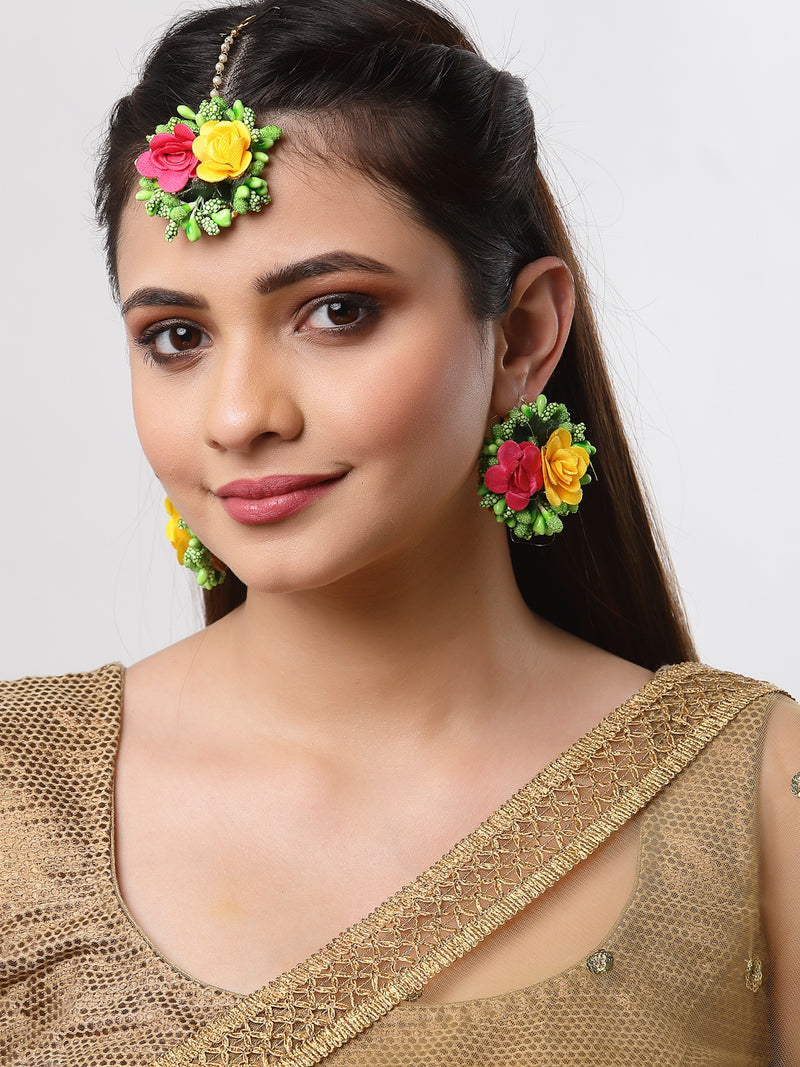 Red Yellow & Green Floral Gota Patti Drop Maang Tikka With Earring