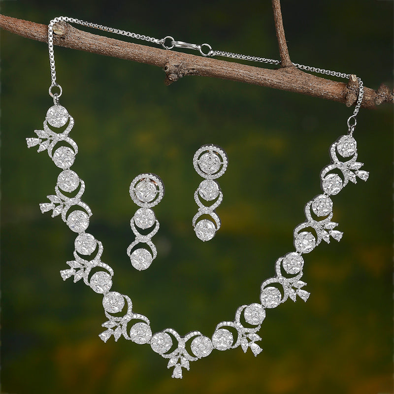 Rhodium-Plated with Silver-Tone White American Diamond-Studded Jewellery Set