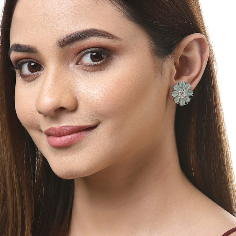 Sea Green American Diamond Studded Floral Shaped Rhodium-Plated with Silver-Tone Studs Earrings