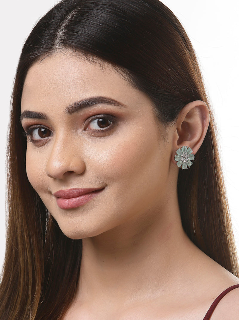Pink American Diamond Studded Floral Shaped Rhodium-Plated with Silver-Tone Studs Earrings