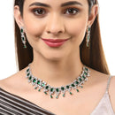 Rhodium-Plated with Silver-Tone & Green American Diamond Stone Studded Jewellery Set