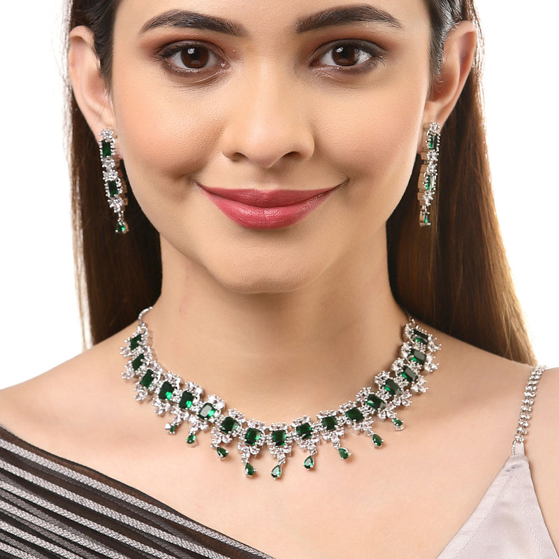 Rhodium-Plated with Silver-Tone & Green American Diamond Stone Studded Jewellery Set