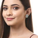 Sea Green American Diamond Studded Floral Shaped Rhodium-Plated with Silver-Tone Studs Earrings