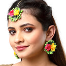 Gold-Plated Pearl Green Yellow & Pink Gota Patti Flower Maang Tikka Set