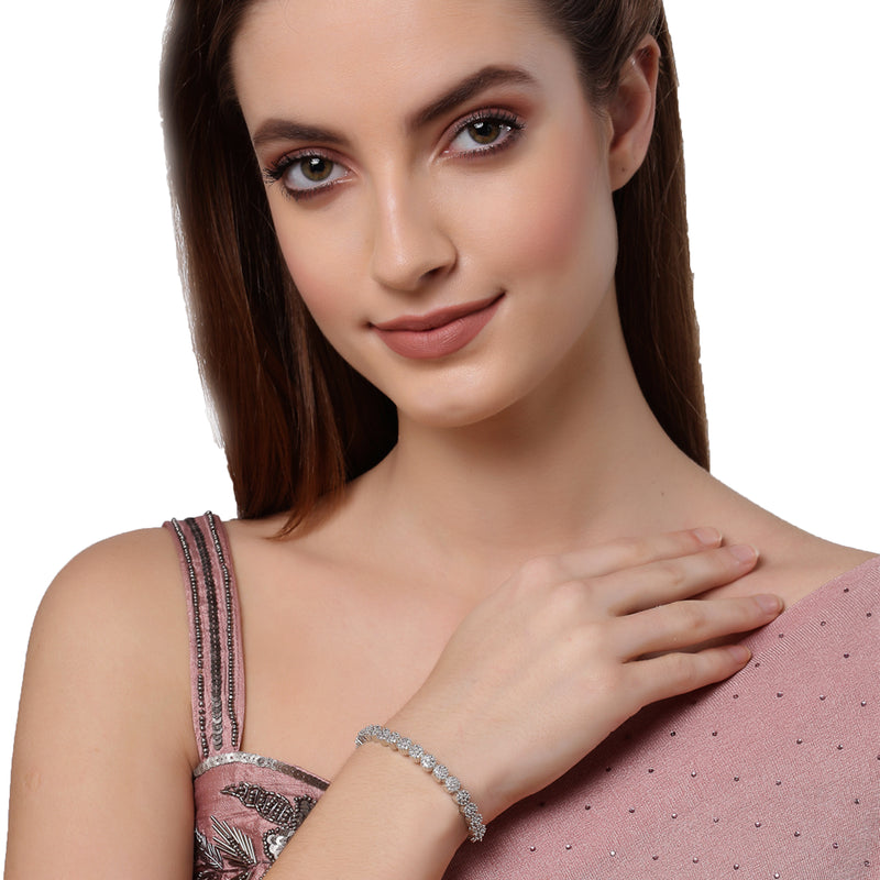 Rhodium Plated Silver Toned American Diamond Studded Round Design Charm Adjustable Bracelet Combo Set of 2