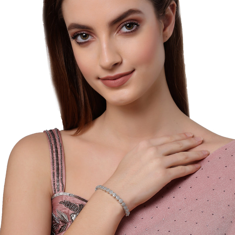 Rhodium Plated Silver Toned Round Charm Beaded & Floral Set Of 2 Adjustable Stackable  Bracelet