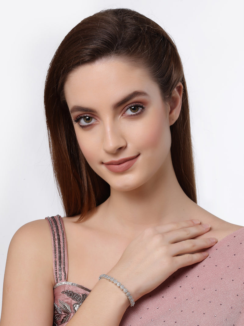 Rhodium Plated Silver Toned American Diamond Studded Round Design Charm Adjustable Bracelet Combo Set of 2