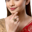 Gold-Plated Teardrop Shaped Floral Green & Pink Cubic Zirconia Studded Ring