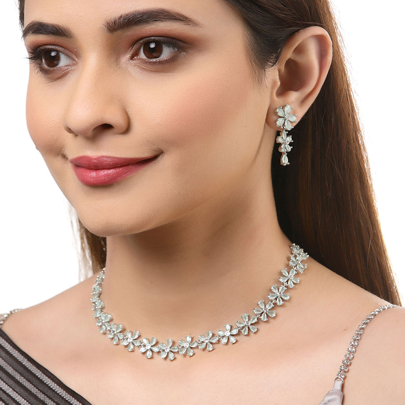 Rhodium-Plated with Silver-Tone Sea-Green & White American Diamond-Studded Jewellery Set