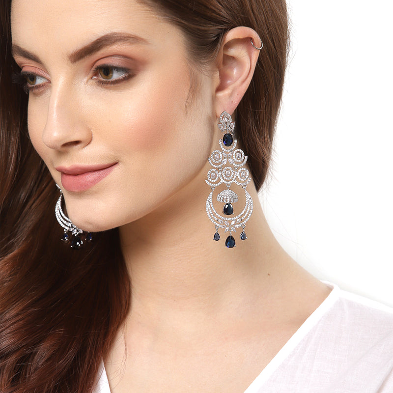 Navy Blue & White Rhodium-Plated with Silver-Tone American Diamond Chandelier Earrings