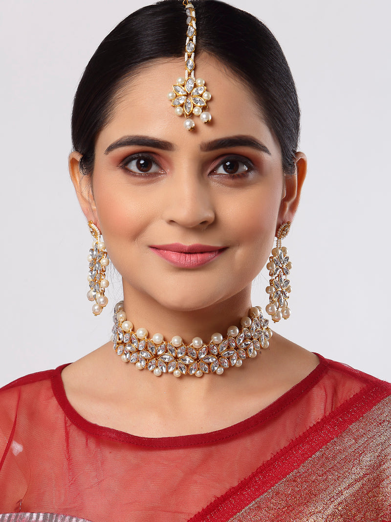 Flower Shaped Gold-Plated Kundan Pearl & Crystal  Studded Necklace With Crystal Studded Earrings And Maang Tikka Antique Choker Jewellery Set