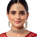 Flower Shaped Gold-Plated Kundan Pearl & Crystal  Studded Necklace With Crystal Studded Earrings And Maang Tikka Antique Choker Jewellery Set