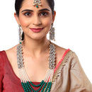 Flower Shaped Gold-Plated Kundan Pearl & Ruby Green-White Beads Studded Necklace Set With Crystal Earring and Maang Tika