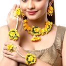 Gold-Plated Yellow & Green Pearl Gota Patti Flower Jewellery Set Combo (Haldi, Mehndi, Bridal Shower )