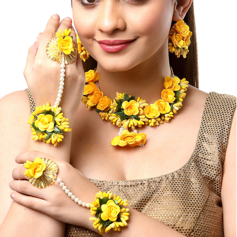 Gold-Plated Yellow & Green Pearl Gota Patti Flower Jewellery Set Combo (Haldi, Mehndi, Bridal Shower )