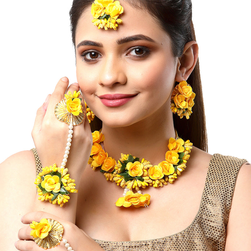 Gold-Plated Yellow & Green Pearl Gota Patti Flower Jewellery Set Combo (Haldi, Mehndi, Bridal Shower )