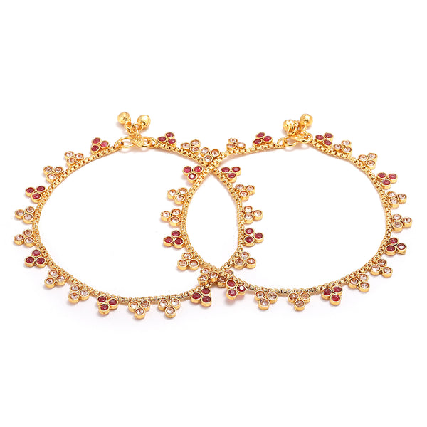 Gold-Plated Floral Red Cubic Zirconia Stone Studded Anklets