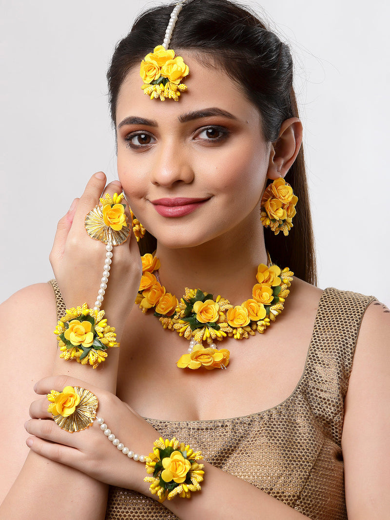 Gold-Plated Yellow & Green Pearl Gota Patti Flower Jewellery Set Combo (Haldi, Mehndi, Bridal Shower )