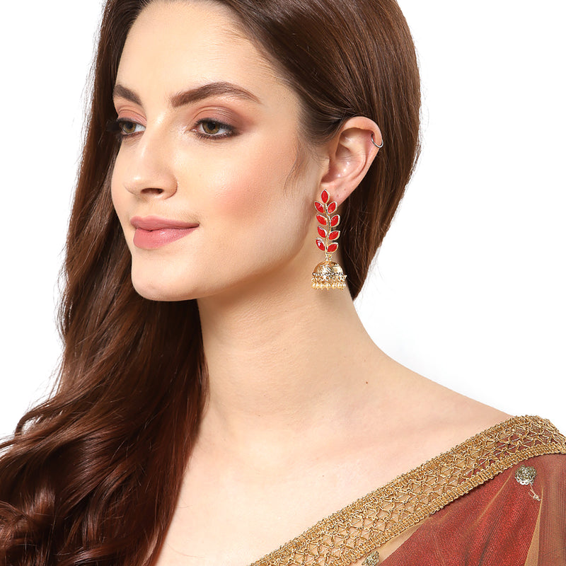 Red Antique Leaf Shaped Gold-Plated Jhumka Earrings