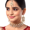 Flower Shaped Gold-Plated Kundan Pearl & Crystal  Studded Necklace With Crystal Studded Earrings And Maang Tikka Antique Choker Jewellery Set