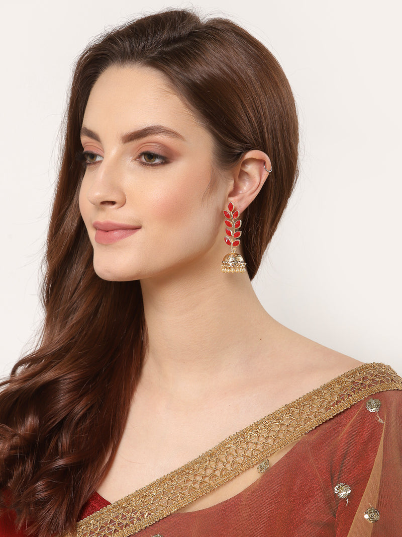 Red Antique Leaf Shaped Gold-Plated Jhumka Earrings