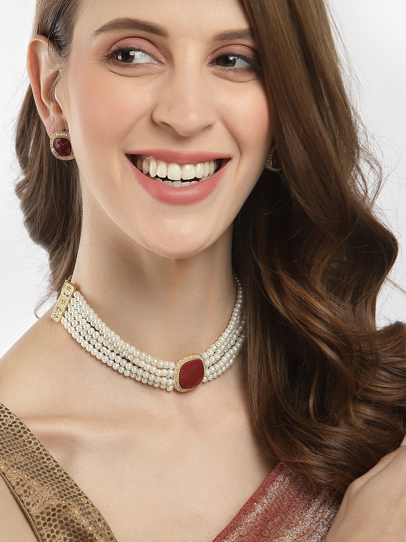 Red & White Gold-Plated Pearls & Stone Studded Jewellery Set