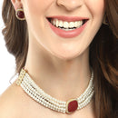 Red & White Gold-Plated Pearls & Stone Studded Jewellery Set