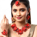 Red Pearl Gota Patti Flower Wedding Jewellery Set Combo