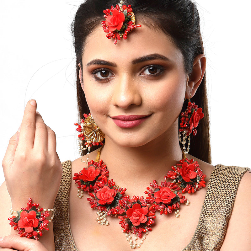 Red Pearl Gota Patti Flower Wedding Jewellery Set Combo