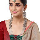 Flower Shaped Gold-Plated Kundan Pearl & Ruby Green-White Beads Studded Necklace Set With Crystal Earring and Maang Tika