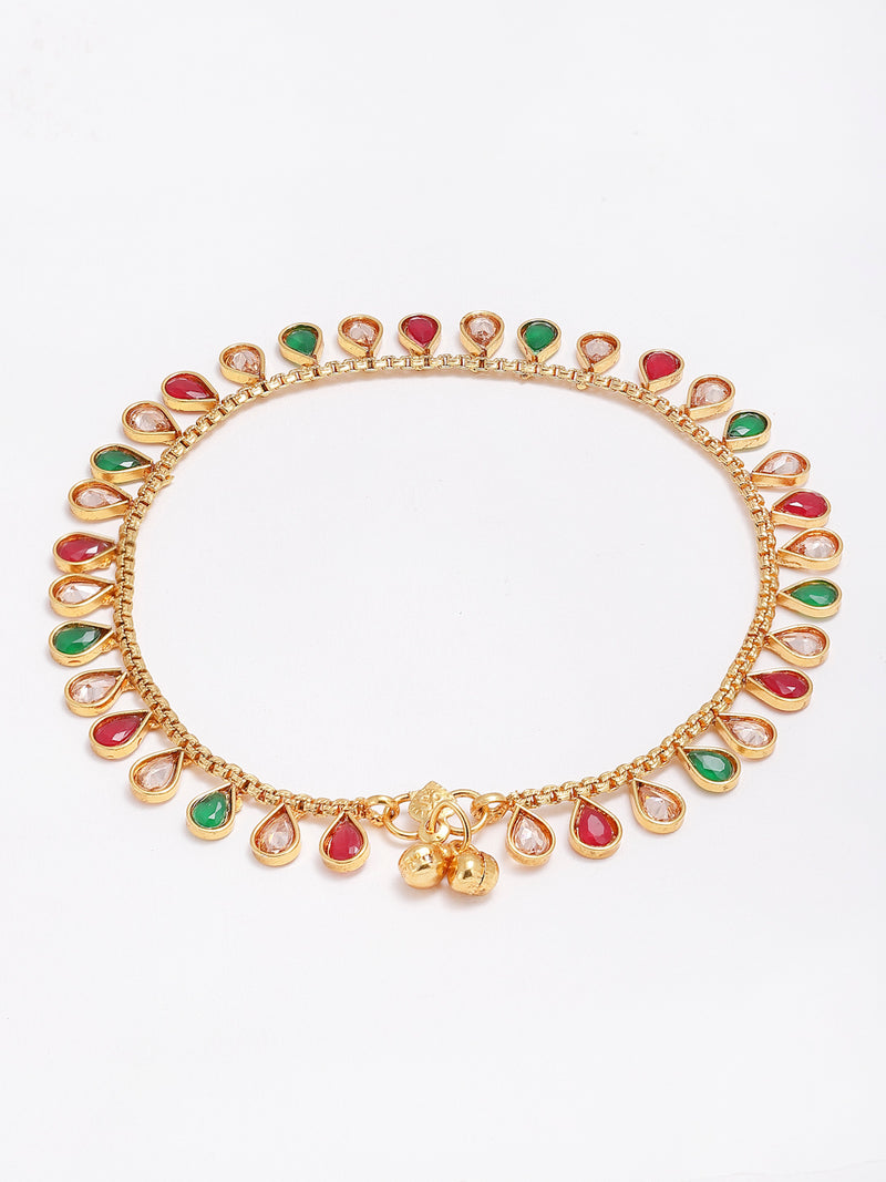 24K Gold-Plated Red & Green Stone-Studded Set Of 2 Anklets