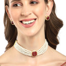 Red & White Gold-Plated Pearls & Stone Studded Jewellery Set