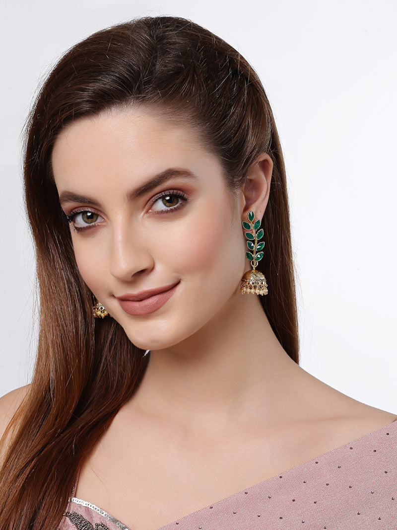 Green Antique Leaf Shaped Gold-Plated Jhumka Earrings